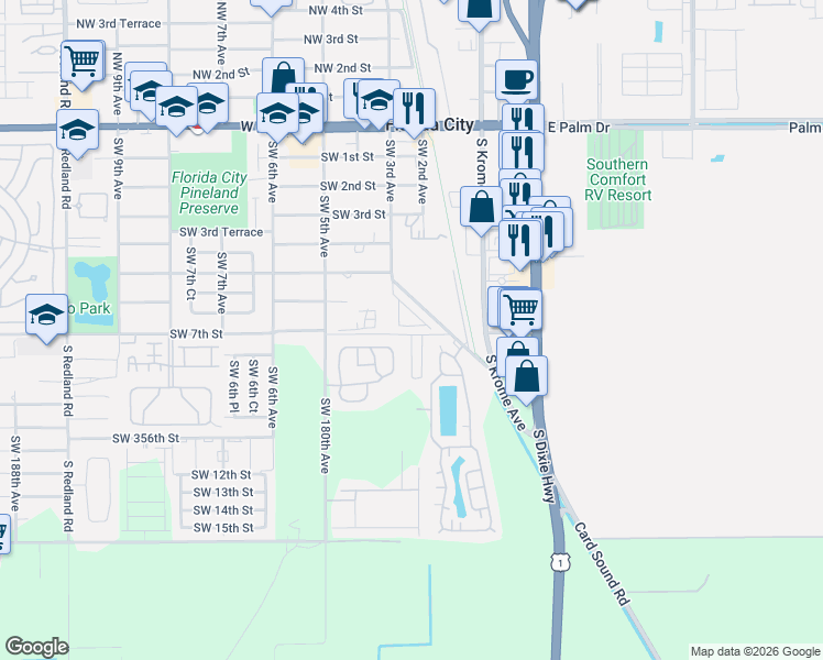 map of restaurants, bars, coffee shops, grocery stores, and more near 143 Southwest 6th Lane in Florida City