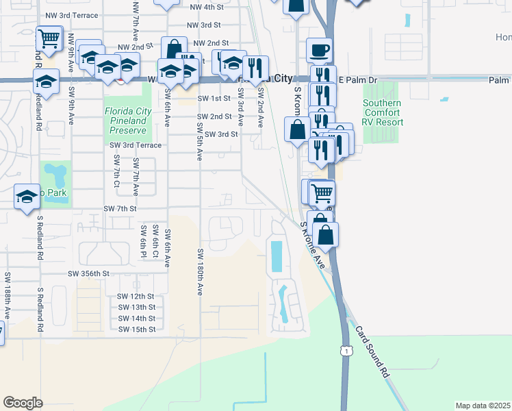 map of restaurants, bars, coffee shops, grocery stores, and more near 143 Southwest 6th Lane in Florida City