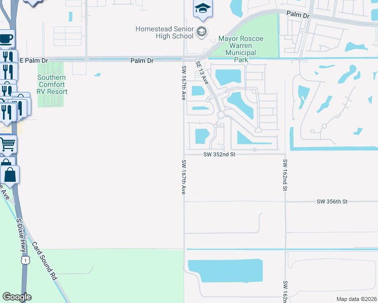 map of restaurants, bars, coffee shops, grocery stores, and more near 2920 Southeast 12th Road in Homestead
