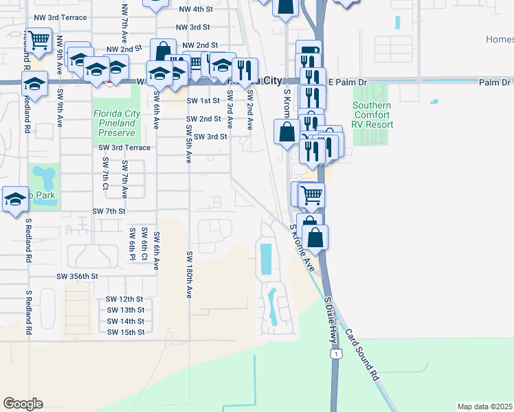 map of restaurants, bars, coffee shops, grocery stores, and more near 18 Southwest 3rd Court in Florida City
