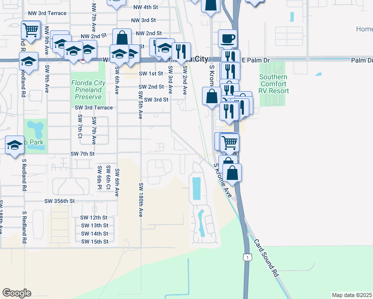 map of restaurants, bars, coffee shops, grocery stores, and more near 142 Southwest 3rd Court in Florida City