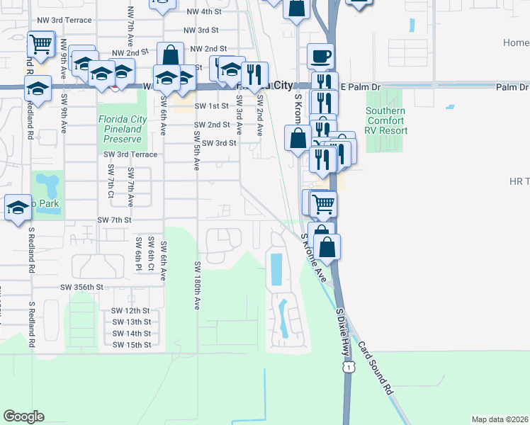 map of restaurants, bars, coffee shops, grocery stores, and more near 142 Southwest 3rd Court in Florida City