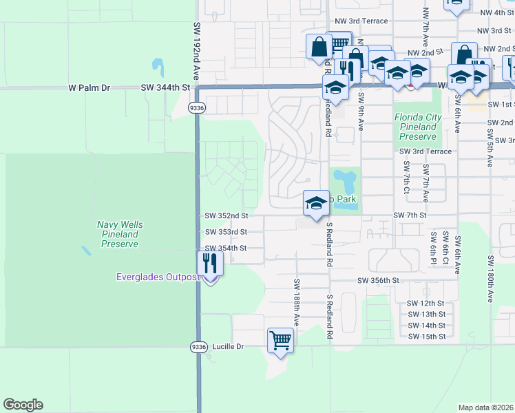 map of restaurants, bars, coffee shops, grocery stores, and more near 18825 Southwest 351st Street in Homestead