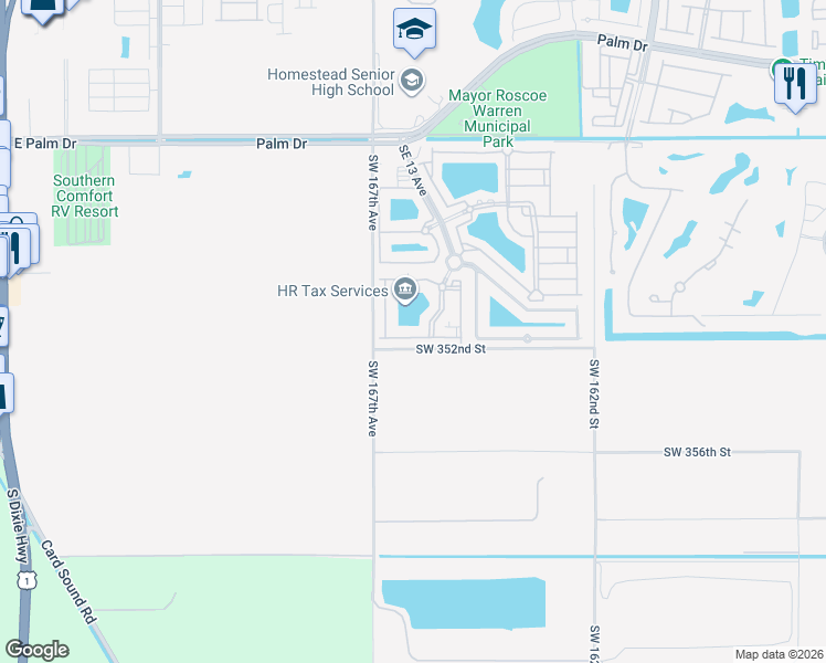map of restaurants, bars, coffee shops, grocery stores, and more near 2930 Southeast 13th Avenue in Homestead
