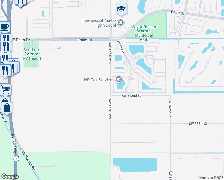 map of restaurants, bars, coffee shops, grocery stores, and more near 2920 Southeast 12th Road in Homestead