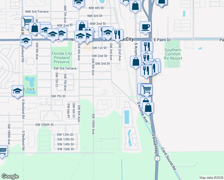 map of restaurants, bars, coffee shops, grocery stores, and more near 530 Southwest 3rd Avenue in Homestead