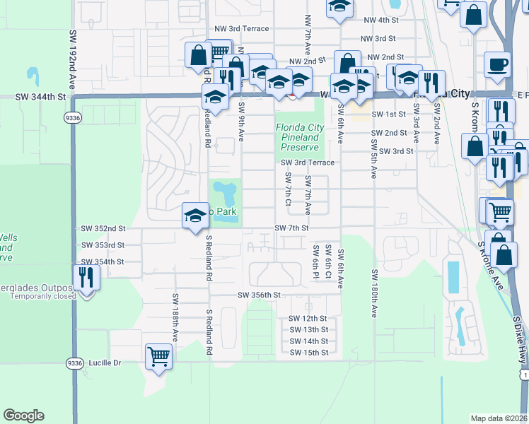 map of restaurants, bars, coffee shops, grocery stores, and more near 833 Southwest 6th Street in Florida City