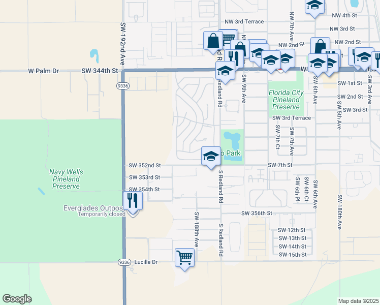 map of restaurants, bars, coffee shops, grocery stores, and more near Southwest 188th Avenue in Homestead