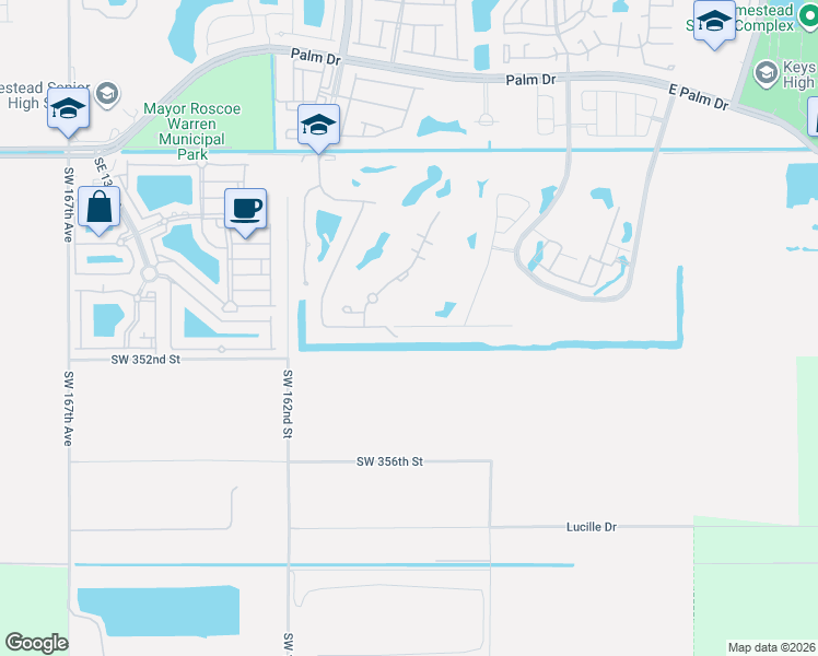 map of restaurants, bars, coffee shops, grocery stores, and more near 3190 Fairways Drive in Homestead