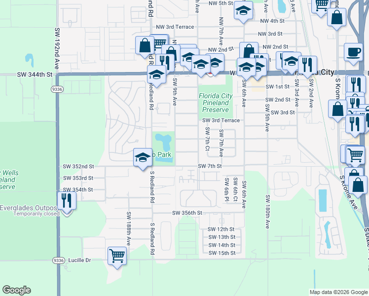 map of restaurants, bars, coffee shops, grocery stores, and more near 833 Southwest 6th Street in Florida City