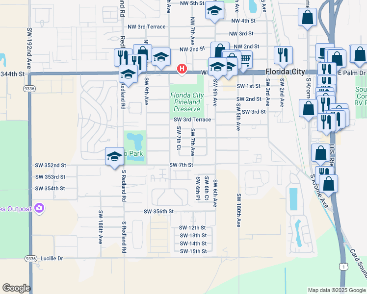 map of restaurants, bars, coffee shops, grocery stores, and more near 546 Southwest 7th Avenue in Florida City