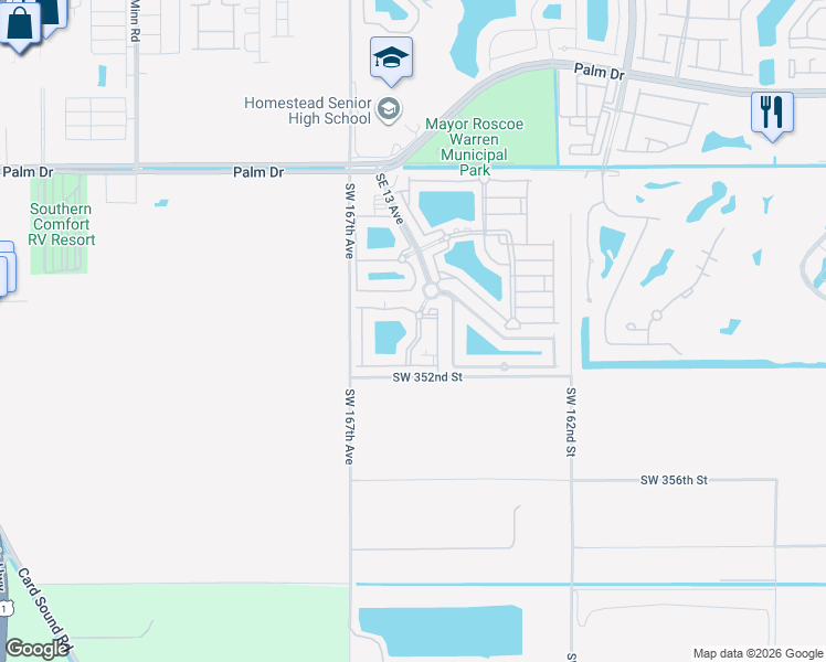 map of restaurants, bars, coffee shops, grocery stores, and more near 2930 Southeast 13th Avenue in Homestead
