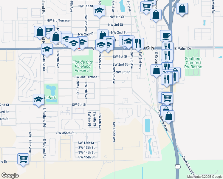 map of restaurants, bars, coffee shops, grocery stores, and more near 530 Southwest 5th Street in Florida City