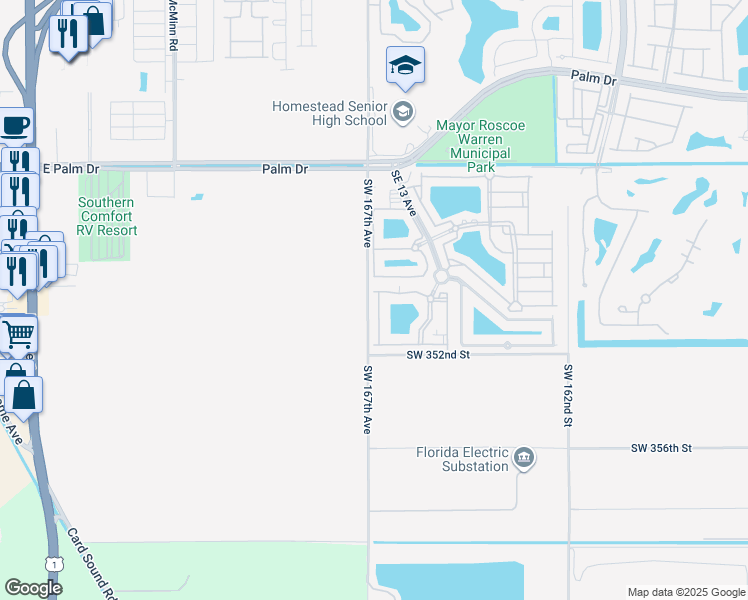 map of restaurants, bars, coffee shops, grocery stores, and more near 1240 Southeast 28th Court in Homestead