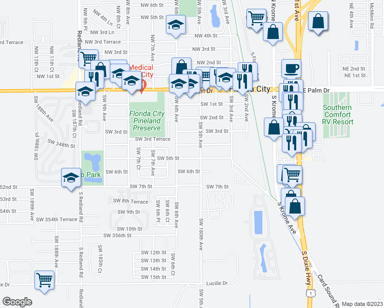 map of restaurants, bars, coffee shops, grocery stores, and more near 530 Southwest 5th Street in Florida City