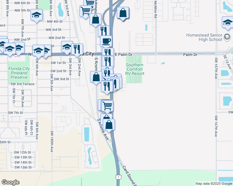 map of restaurants, bars, coffee shops, grocery stores, and more near 751 South Dixie Highway in Florida City