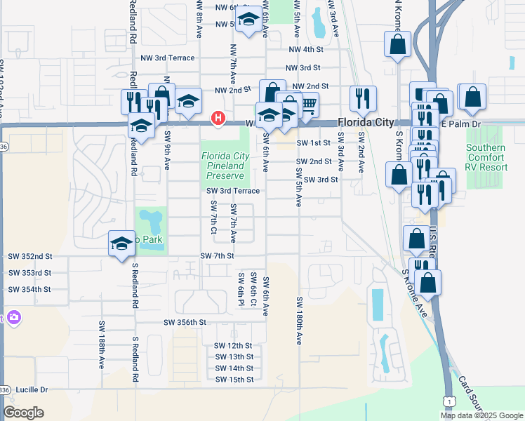map of restaurants, bars, coffee shops, grocery stores, and more near 460 Southwest 6th Avenue in Florida City