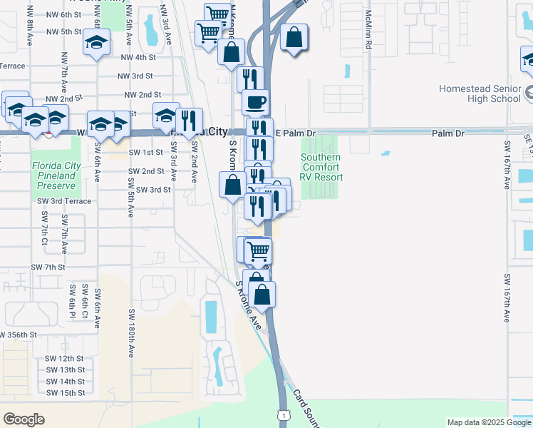 map of restaurants, bars, coffee shops, grocery stores, and more near 751 South Dixie Highway in Florida City