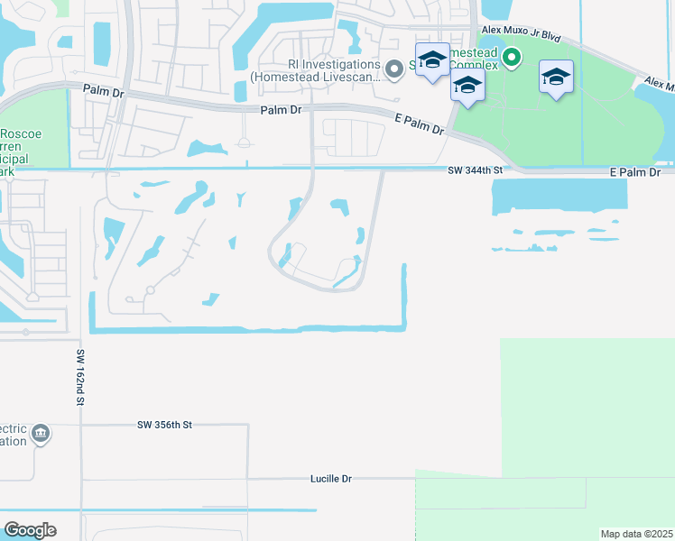 map of restaurants, bars, coffee shops, grocery stores, and more near 2300 Palm Drive in Homestead