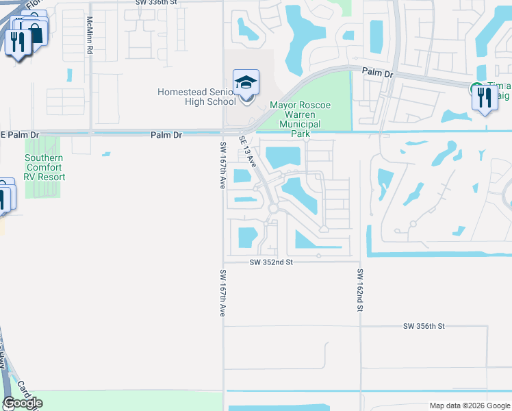 map of restaurants, bars, coffee shops, grocery stores, and more near 2721 Southeast 12th Place in Homestead