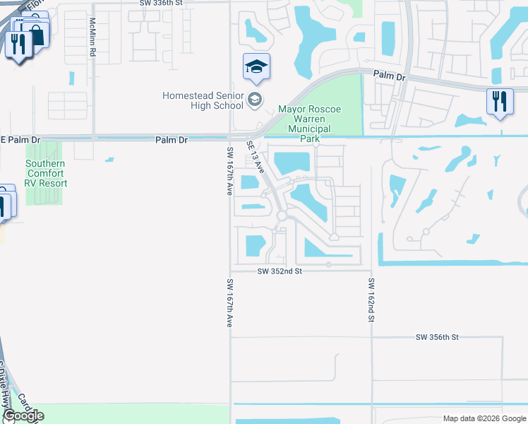 map of restaurants, bars, coffee shops, grocery stores, and more near 2721 Southeast 12th Place in Homestead