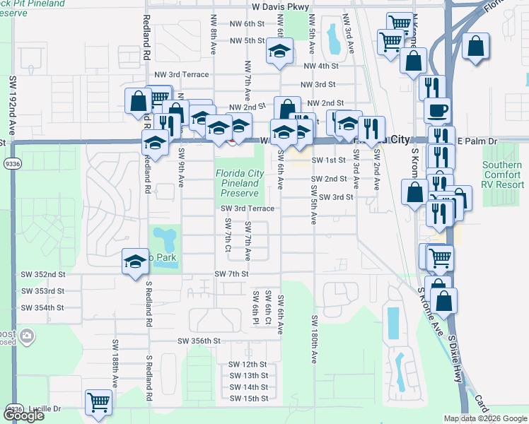 map of restaurants, bars, coffee shops, grocery stores, and more near 685 Southwest 3rd Terrace in Florida City