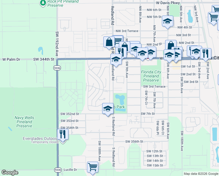 map of restaurants, bars, coffee shops, grocery stores, and more near 34553 Southwest 187th Place in Florida City