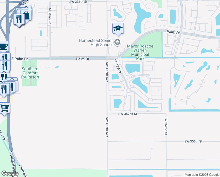 map of restaurants, bars, coffee shops, grocery stores, and more near 2701 Southeast 12th Road in Homestead