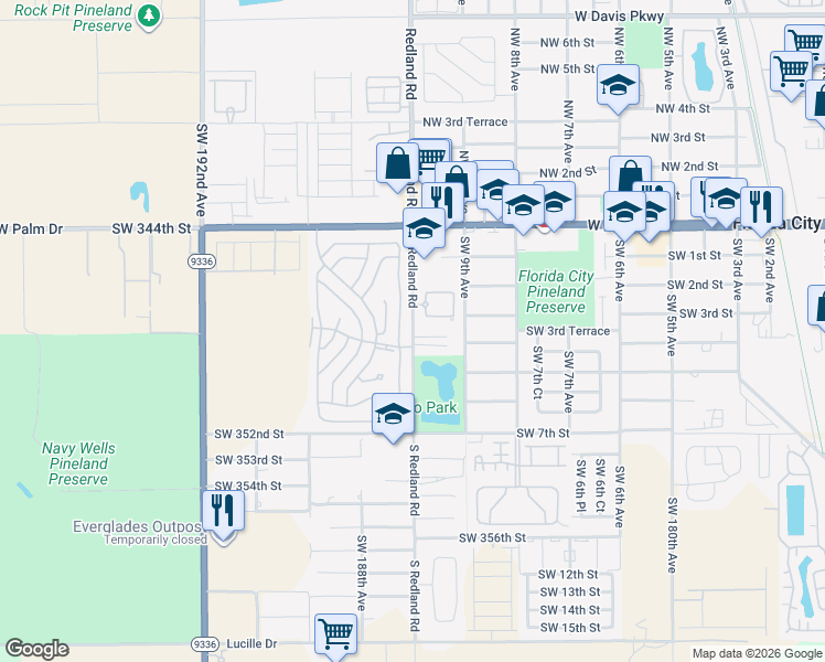 map of restaurants, bars, coffee shops, grocery stores, and more near 149 South Redland Road in Florida City