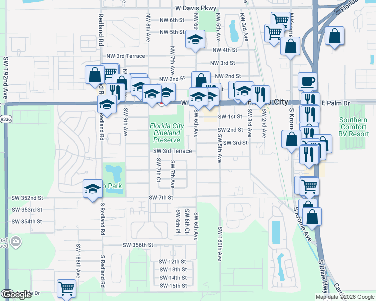 map of restaurants, bars, coffee shops, grocery stores, and more near 312 Southwest 6th Avenue in Florida City