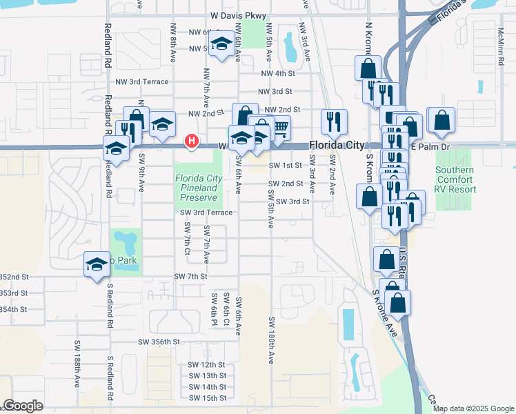 map of restaurants, bars, coffee shops, grocery stores, and more near 537 Southwest 3rd Street in Homestead