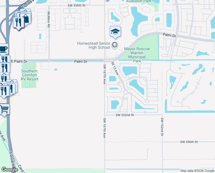map of restaurants, bars, coffee shops, grocery stores, and more near 2701 Southeast 12th Road in Homestead