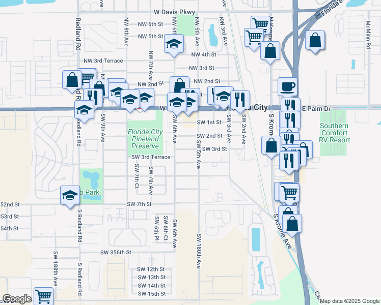 map of restaurants, bars, coffee shops, grocery stores, and more near 537 Southwest 3rd Street in Homestead
