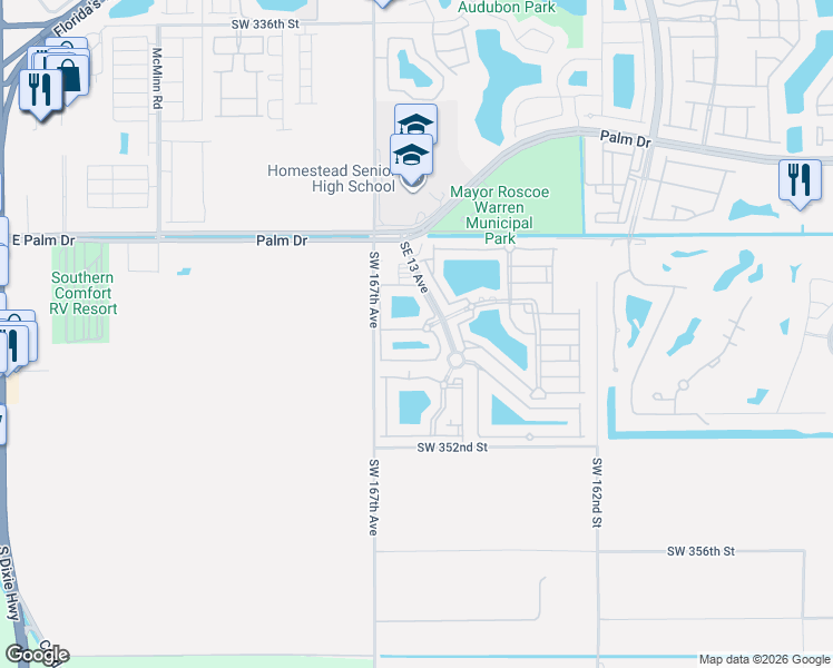 map of restaurants, bars, coffee shops, grocery stores, and more near 2721 Southeast 12th Place in Homestead