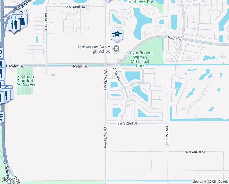 map of restaurants, bars, coffee shops, grocery stores, and more near 2701 Southeast 12th Road in Homestead