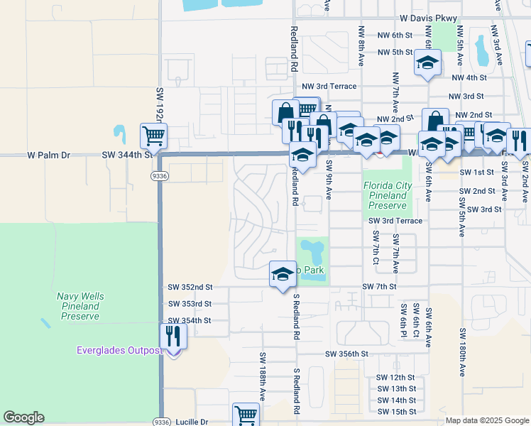 map of restaurants, bars, coffee shops, grocery stores, and more near 34553 Southwest 187th Place in Florida City