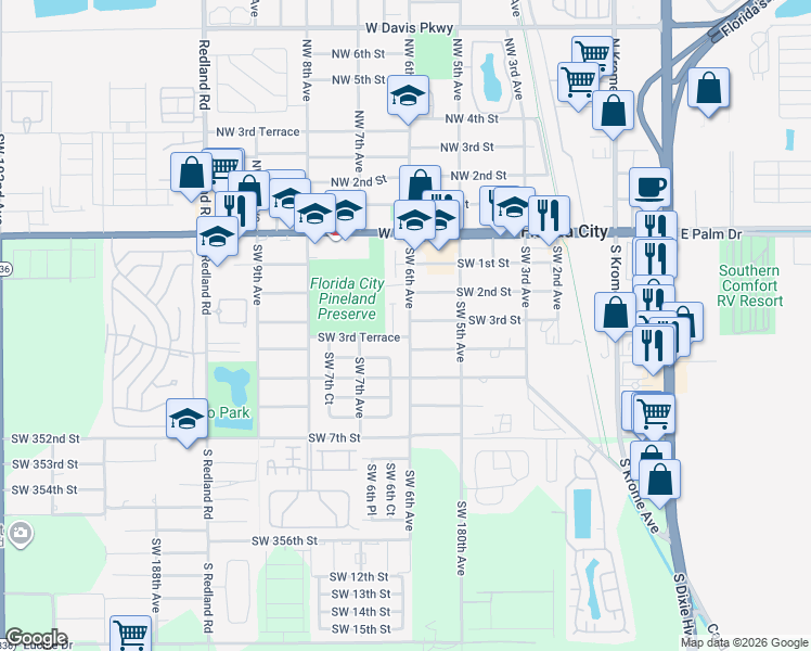 map of restaurants, bars, coffee shops, grocery stores, and more near 312 Southwest 6th Avenue in Florida City