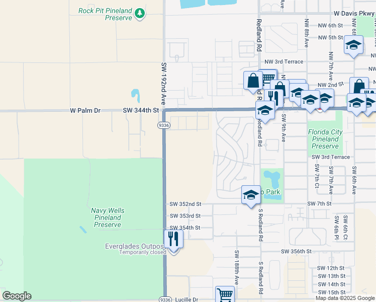 map of restaurants, bars, coffee shops, grocery stores, and more near 34725 Southwest 192nd Avenue in Homestead