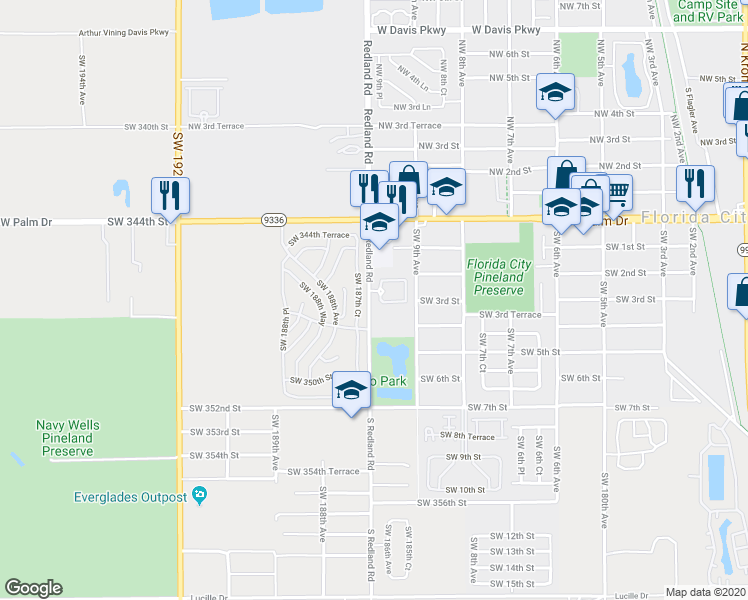 map of restaurants, bars, coffee shops, grocery stores, and more near 149 South Redland Road in Florida City
