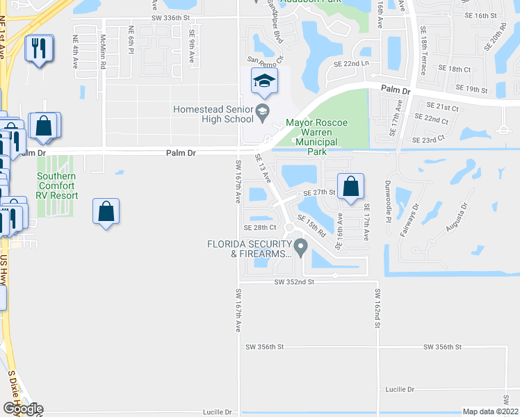 map of restaurants, bars, coffee shops, grocery stores, and more near 2701 Southeast 12th Road in Homestead