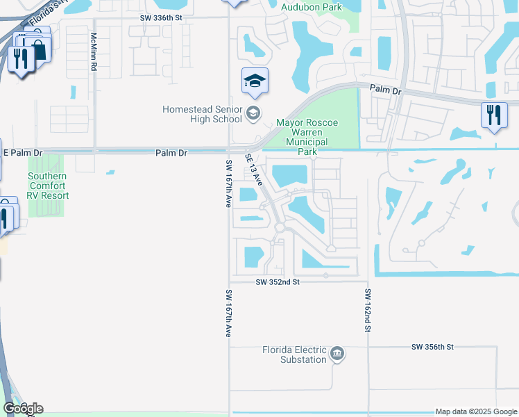 map of restaurants, bars, coffee shops, grocery stores, and more near Southeast 28th Court in Homestead