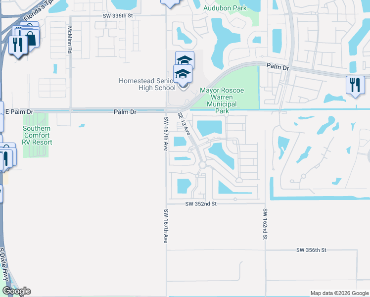 map of restaurants, bars, coffee shops, grocery stores, and more near 2721 Southeast 12th Place in Homestead