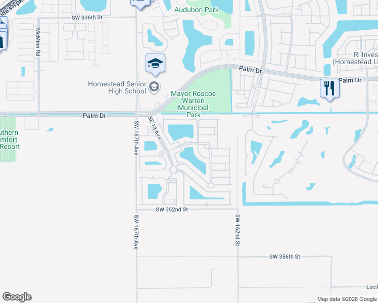 map of restaurants, bars, coffee shops, grocery stores, and more near 2734 Southeast 15th Place in Homestead