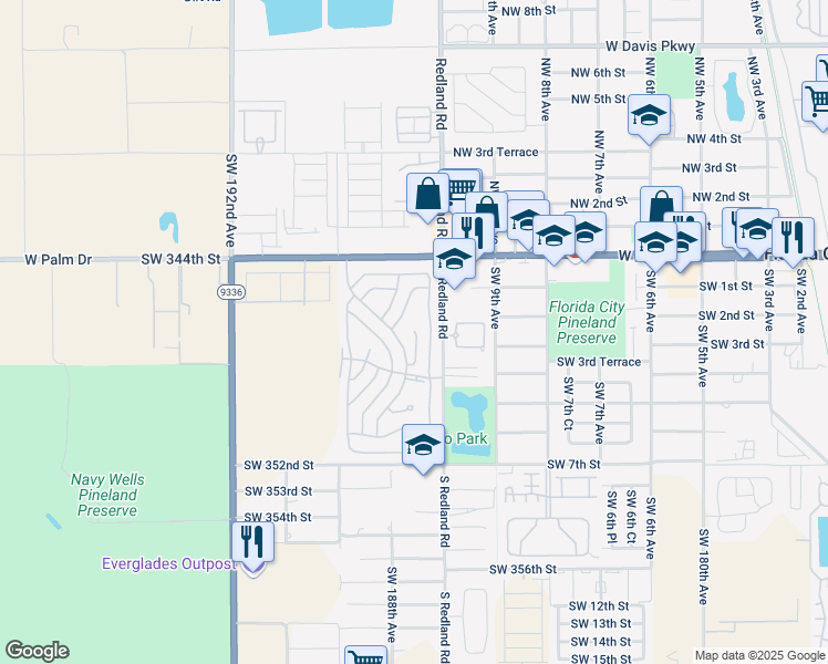 map of restaurants, bars, coffee shops, grocery stores, and more near 34553 Southwest 187th Place in Homestead
