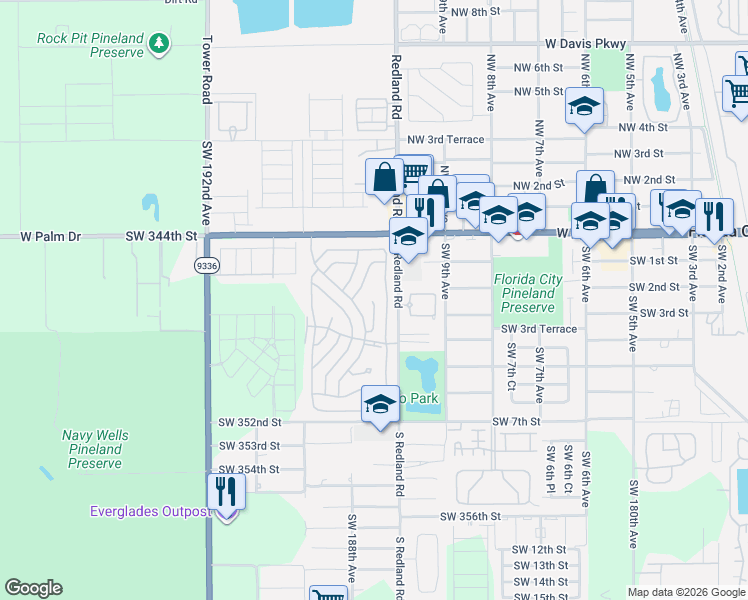 map of restaurants, bars, coffee shops, grocery stores, and more near 34553 Southwest 187th Place in Florida City