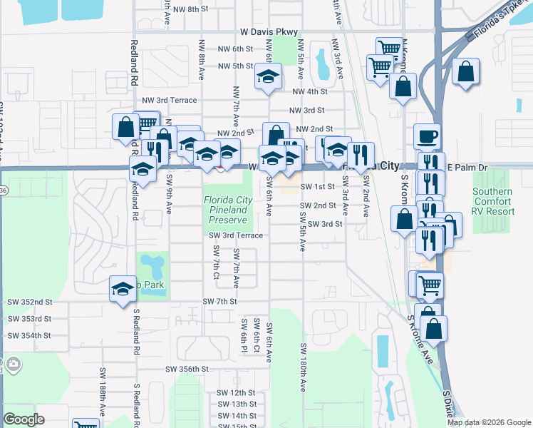 map of restaurants, bars, coffee shops, grocery stores, and more near 312 Southwest 6th Avenue in Florida City