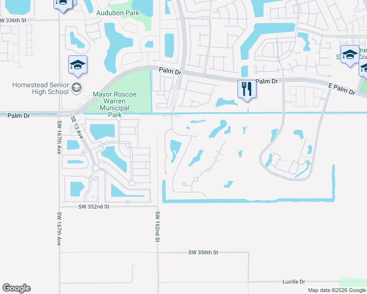 map of restaurants, bars, coffee shops, grocery stores, and more near 2610 Fairways Drive in Homestead