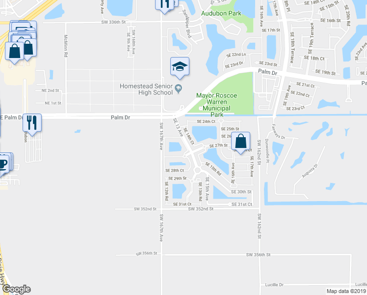 map of restaurants, bars, coffee shops, grocery stores, and more near 1036 Southeast 25th Avenue in Homestead