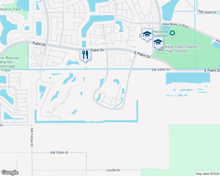 map of restaurants, bars, coffee shops, grocery stores, and more near 15200 344th Street in Homestead