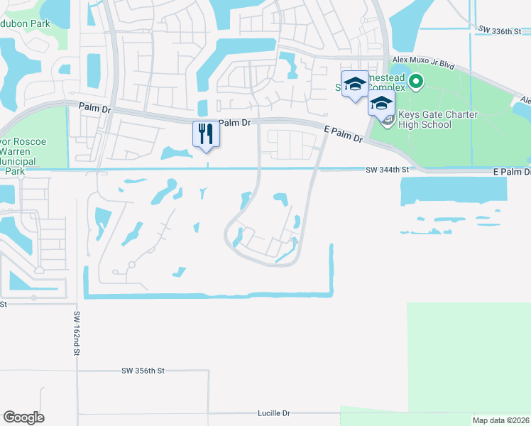 map of restaurants, bars, coffee shops, grocery stores, and more near 15200 344th Street in Homestead